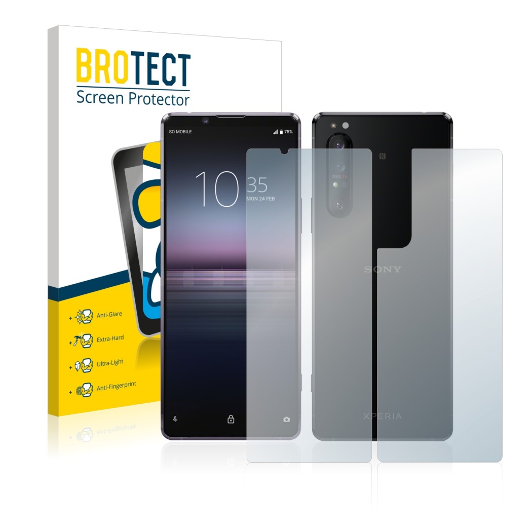 Front side of a product packaging with the brand logo BROTECT. Next to it is the device Sony Xperia 1 II (Front+Back) shown wi