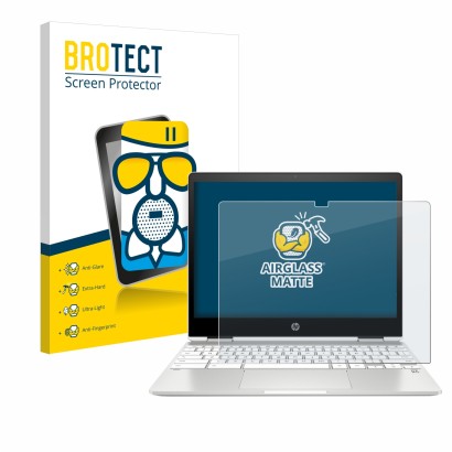 Front side of a product packaging with the brand logo BROTECT. Next to it is the device HP Chromebook x360 12b-ca0005nf shown 
