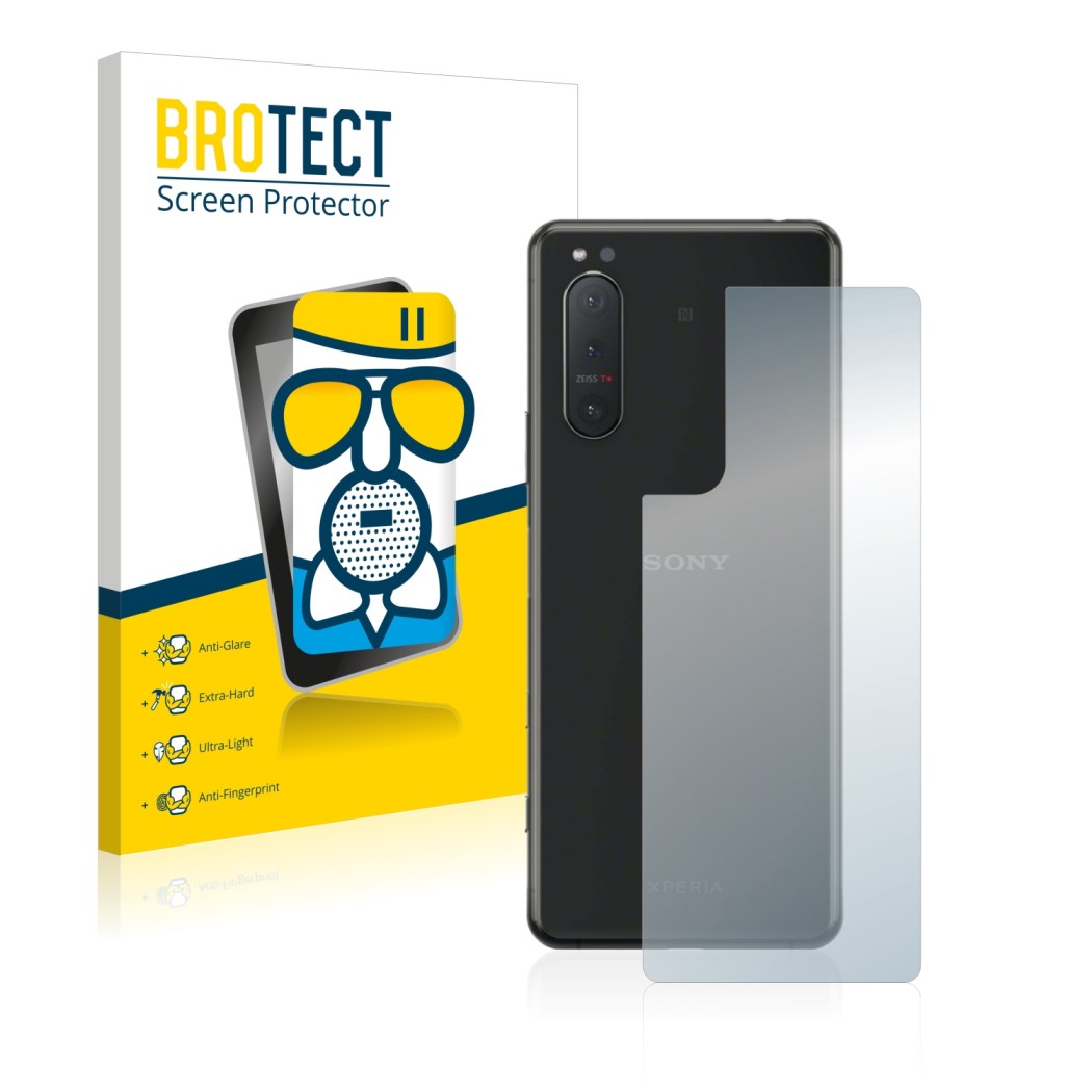 Face avant d’un emballage produit avec le logo de la marque BROTECT. À côté, l’appareil Sony Xperia 5 II (Arrière) est représe