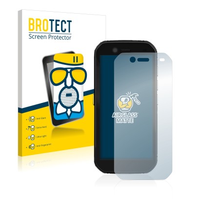 Front side of a product packaging with the brand logo BROTECT. Next to it is the device Caterpillar Cat S42 shown with the cor