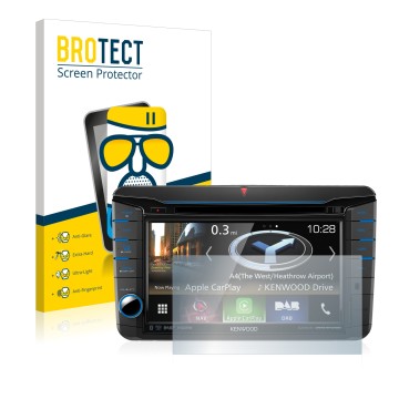 Face avant d’un emballage produit avec le logo de la marque BROTECT. À côté, l’appareil Kenwood DNX518VDABS est représenté ave