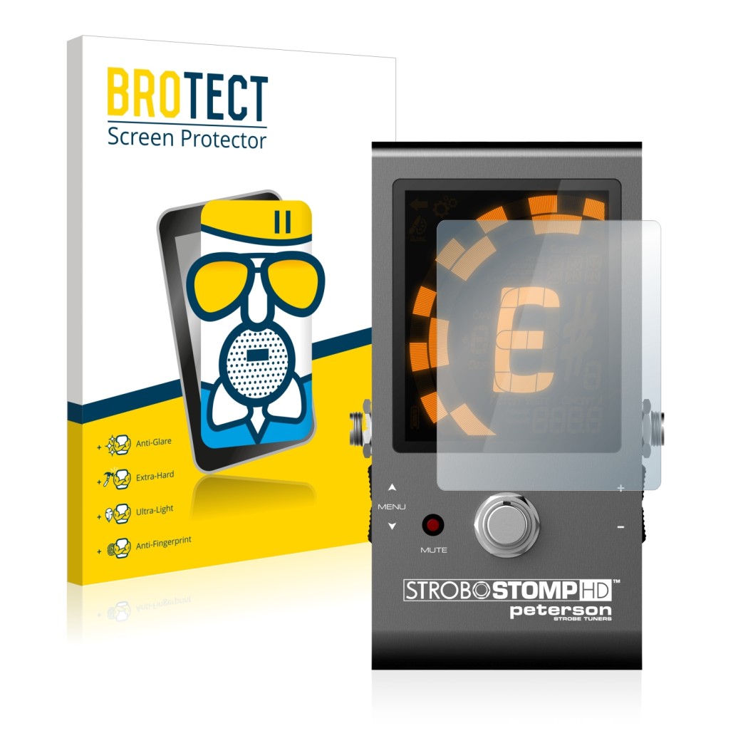 Front side of a product packaging with the brand logo BROTECT. Next to it is the device Peterson Strobostomp HD shown with the