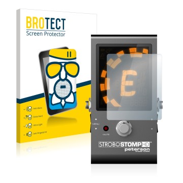 Front side of a product packaging with the brand logo BROTECT. Next to it is the device Peterson Strobostomp HD shown with the