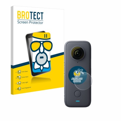 Parte frontale di una confezione del prodotto con il logo del marchio BROTECT. Accanto è raffigurato il dispositivo Insta360 O