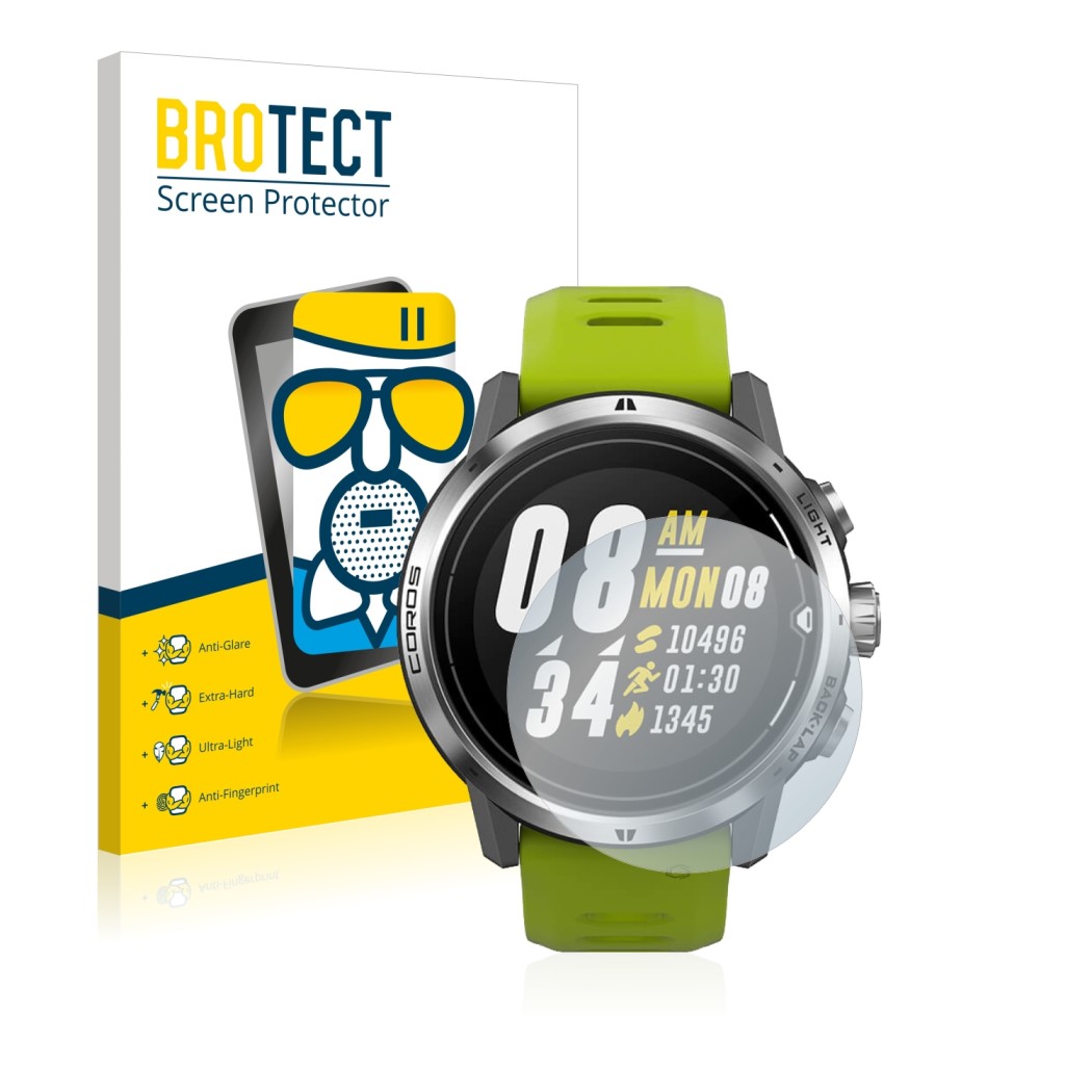 Face avant d’un emballage produit avec le logo de la marque BROTECT. À côté, l’appareil Coros Apex Pro est représenté avec la 