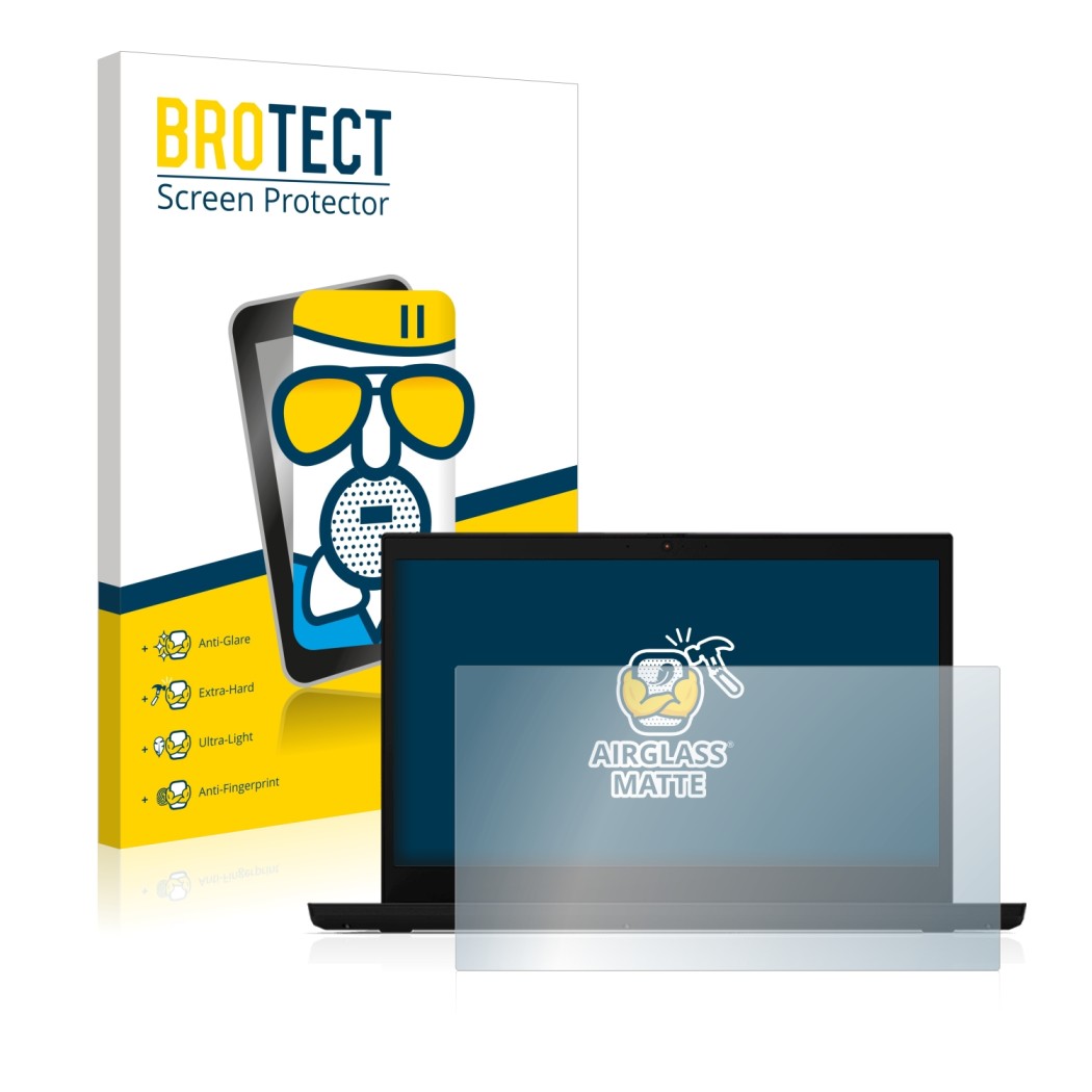 Front side of a product packaging with the brand logo BROTECT. Next to it is the device Lenovo ThinkPad L15 shown with the cor