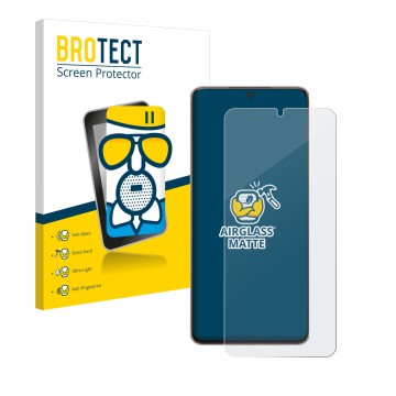 Face avant d’un emballage produit avec le logo de la marque BROTECT. À côté, l’appareil Samsung Galaxy S21 Plus 5G est représe