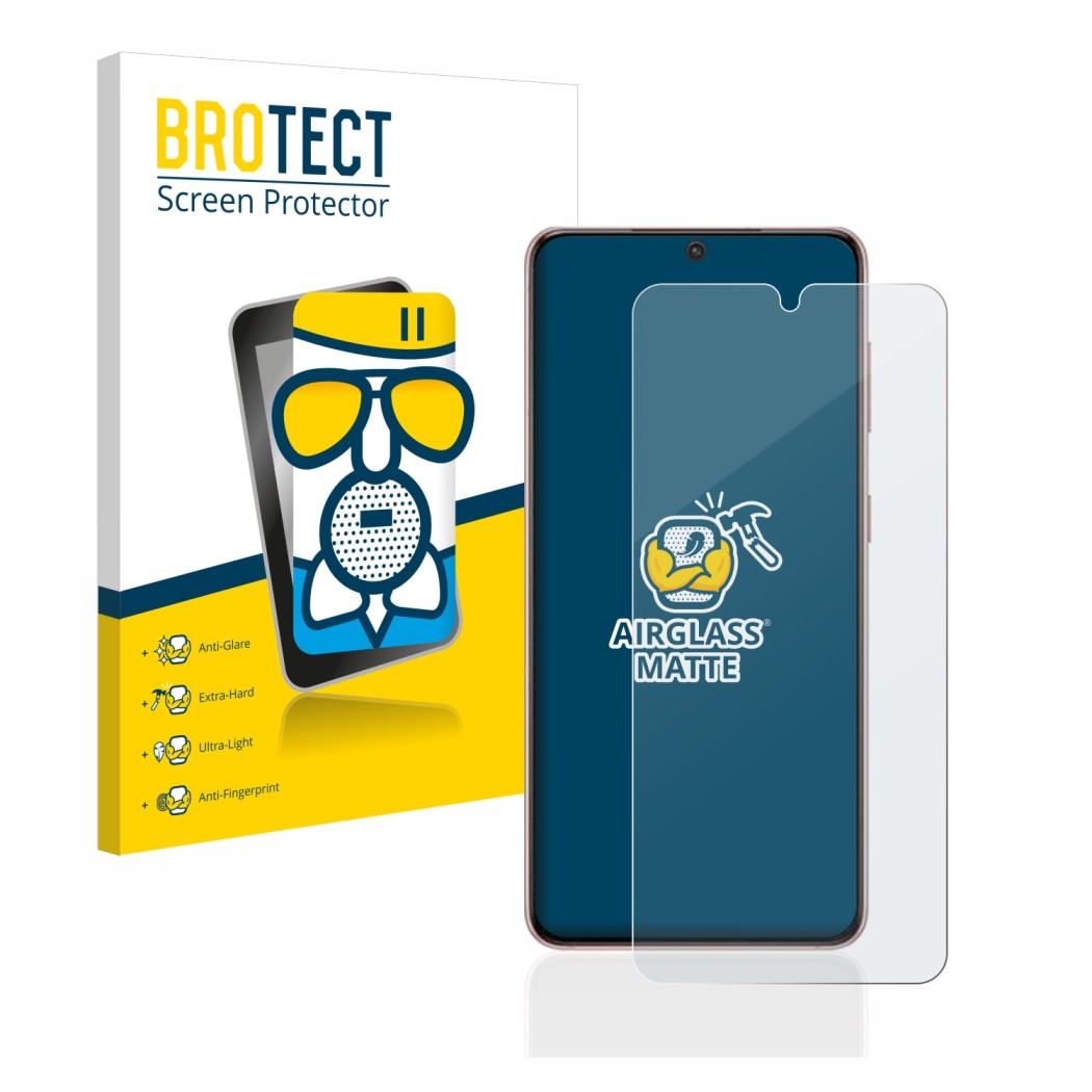 Vorderseite einer Produktverpackung mit dem Markenlogo BROTECT. Daneben ist das Gerät Samsung Galaxy S21 5G mit dem zugehörige