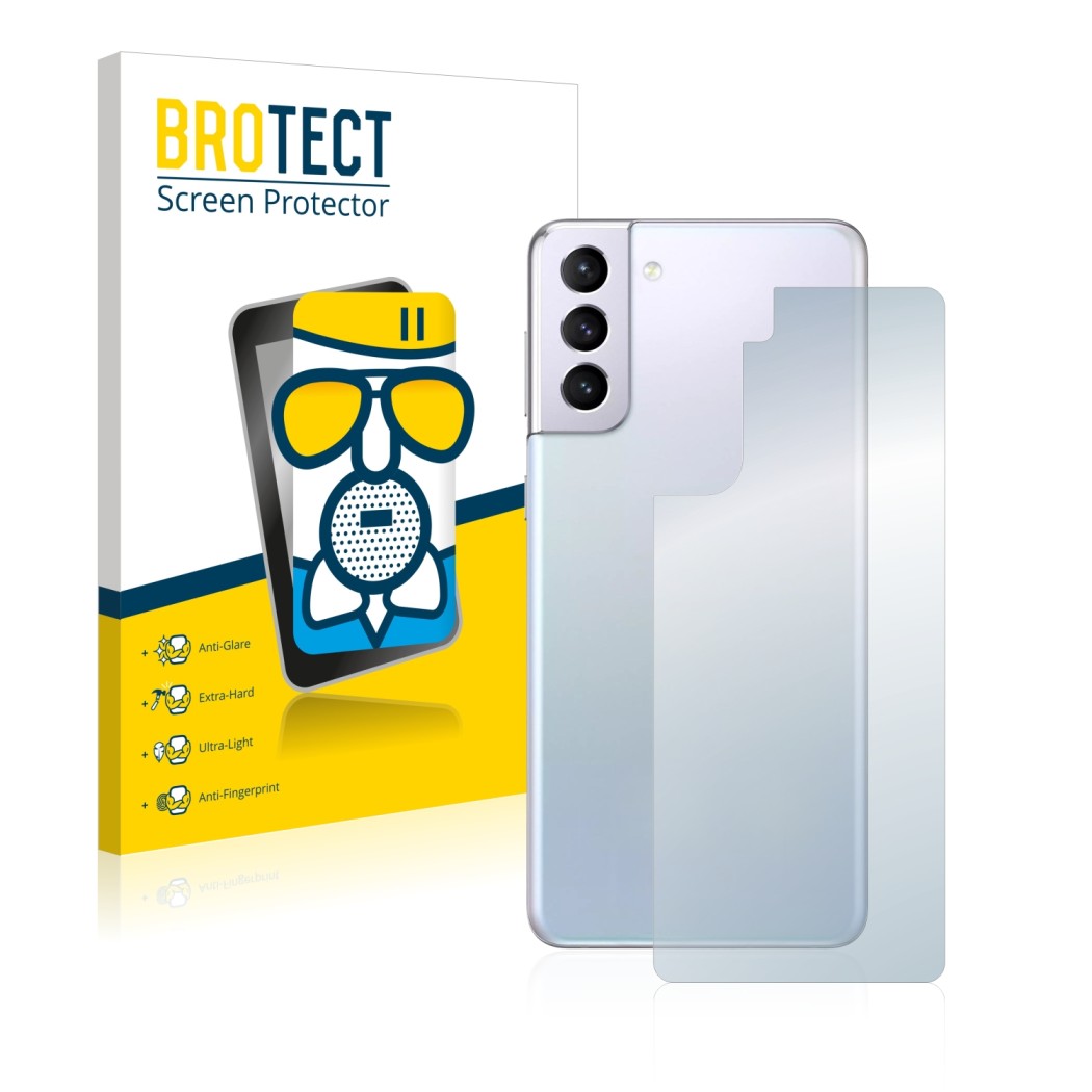 Face avant d’un emballage produit avec le logo de la marque BROTECT. À côté, l’appareil Samsung Galaxy S21 Plus 5G (Arrière) e