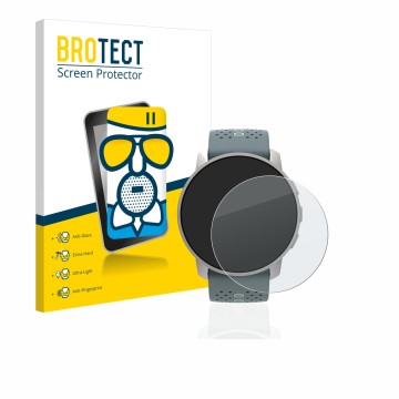 Parte frontal de un envase de producto con el logotipo de la marca BROTECT. Al lado se muestra el dispositivo Suunto 9 Peak co