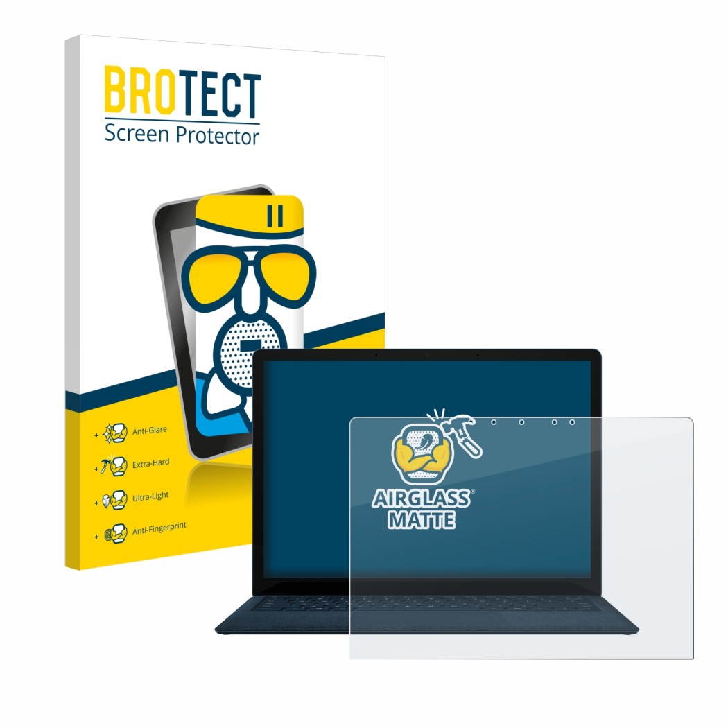 Front side of a product packaging with the brand logo BROTECT. Next to it is the device Microsoft Surface Laptop 4 13.5