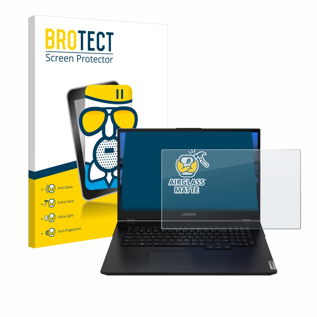 Parte frontale di una confezione del prodotto con il logo del marchio BROTECT. Accanto è raffigurato il dispositivo Lenovo Leg