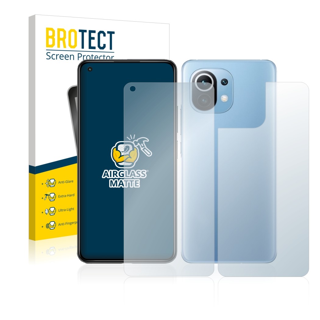 Face avant d’un emballage produit avec le logo de la marque BROTECT. À côté, l’appareil Xiaomi Mi 11 Lite 5G (Avant+Arrière) e