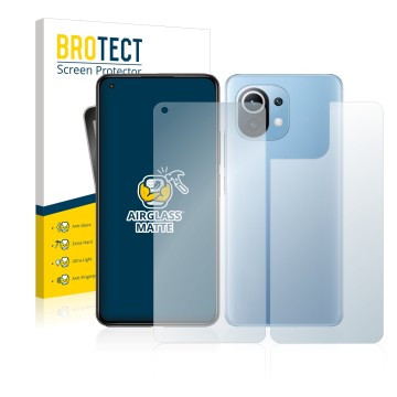 Face avant d’un emballage produit avec le logo de la marque BROTECT. À côté, l’appareil Xiaomi Mi 11 Lite 5G (Avant+Arrière) e