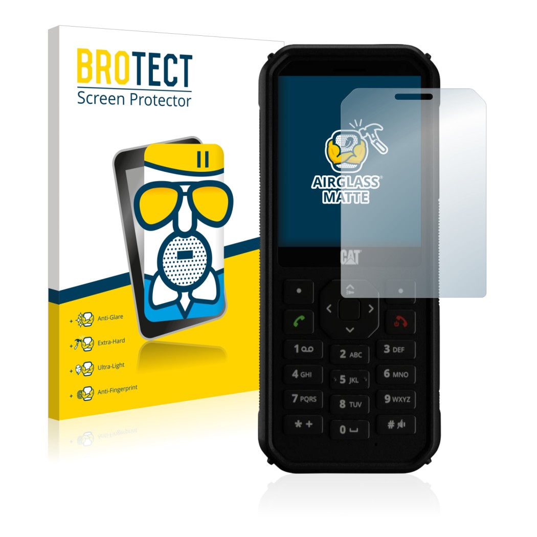 Front side of a product packaging with the brand logo BROTECT. Next to it is the device Caterpillar Cat B40 shown with the cor