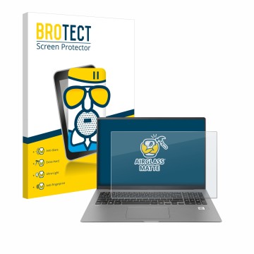 Front side of a product packaging with the brand logo BROTECT. Next to it is the device LG gram 17'' 2021 shown with the corre