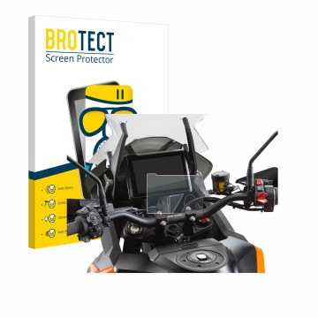 Parte frontal de un envase de producto con el logotipo de la marca BROTECT. Al lado se muestra el dispositivo KTM 1290 Super A