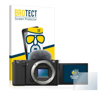 Parte frontale di una confezione del prodotto con il logo del marchio BROTECT. Accanto è raffigurato il dispositivo Sony Alpha