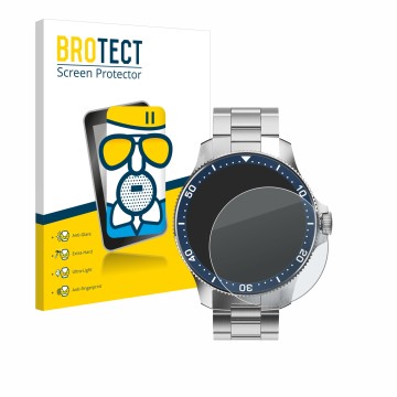 Front side of a product packaging with the brand logo BROTECT. Next to it is the device Withings ScanWatch Horizon (43 mm) sho