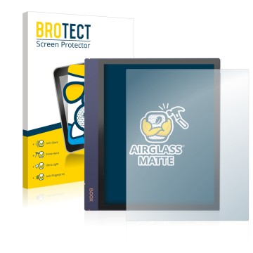 Parte frontal de un envase de producto con el logotipo de la marca BROTECT. Al lado se muestra el dispositivo Boox Note Air 2 