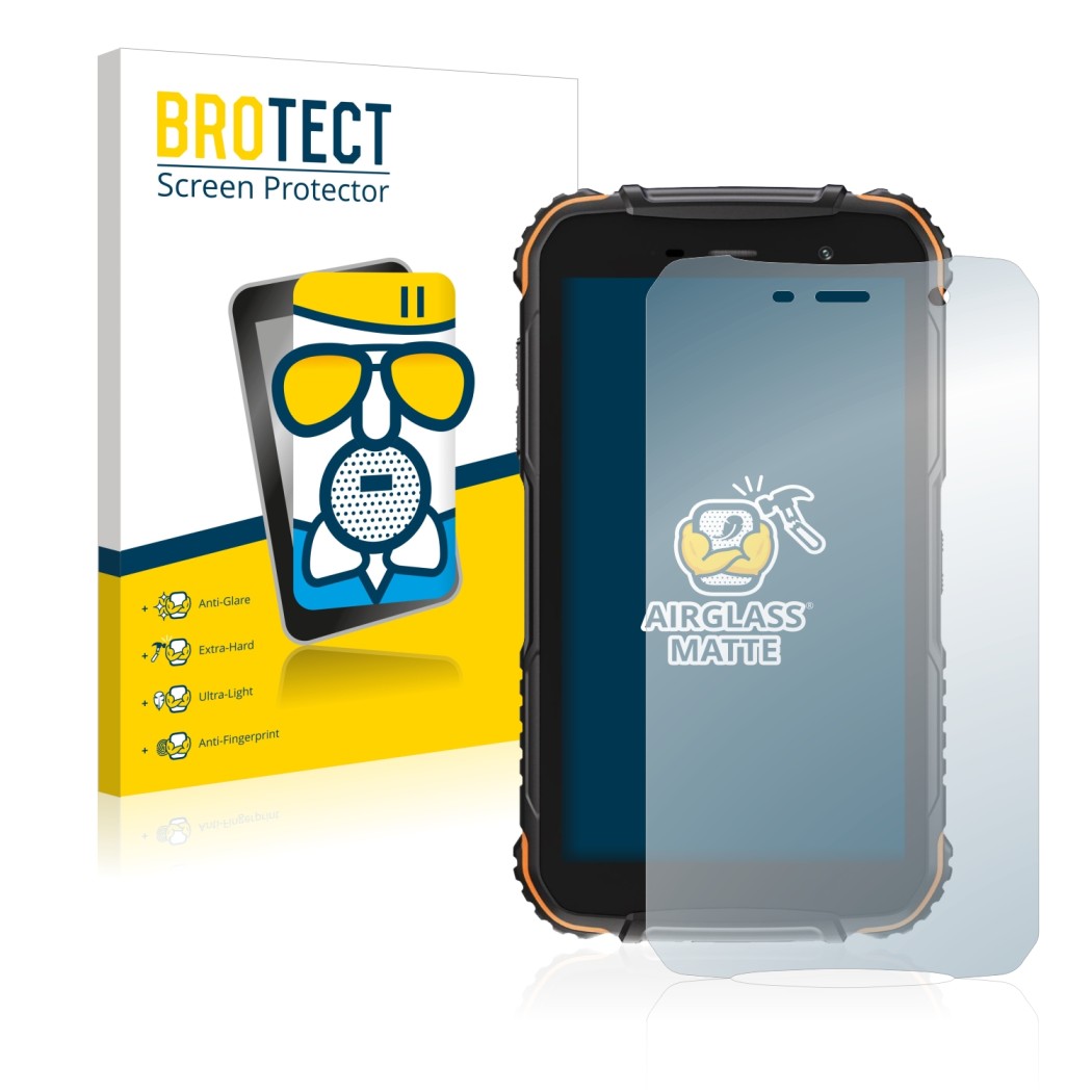 Parte frontale di una confezione del prodotto con il logo del marchio BROTECT. Accanto è raffigurato il dispositivo Doogee S35