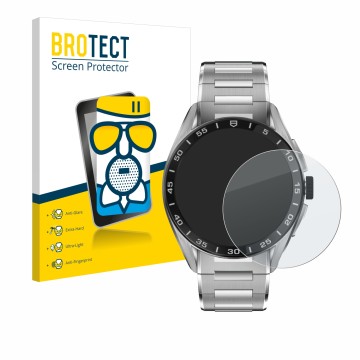 Front side of a product packaging with the brand logo BROTECT. Next to it is the device TAG Heuer Connected Calibre E4 (45 mm)