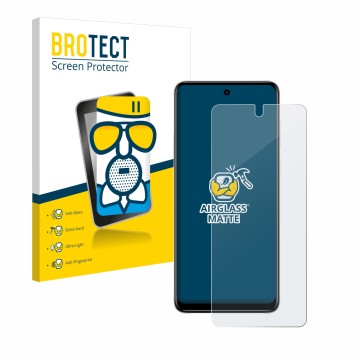 Front side of a product packaging with the brand logo BROTECT. Next to it is the device Motorola Moto E32 shown with the corre
