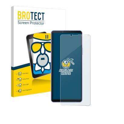 Parte frontal de un envase de producto con el logotipo de la marca BROTECT. Al lado se muestra el dispositivo Sony Xperia 10 I