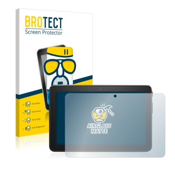 Front side of a product packaging with the brand logo BROTECT. Next to it is the device Amazon Fire 7 2022 shown with the corr