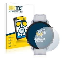 Front side of a product packaging with the brand logo BROTECT. Next to it is the device Garmin Forerunner 955 Solar shown with