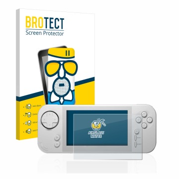 Front side of a product packaging with the brand logo BROTECT. Next to it is the device Evercade EXP shown with the correspond