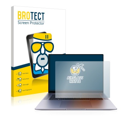 Front side of a product packaging with the brand logo BROTECT. Next to it is the device Huawei MateBook 16s shown with the cor