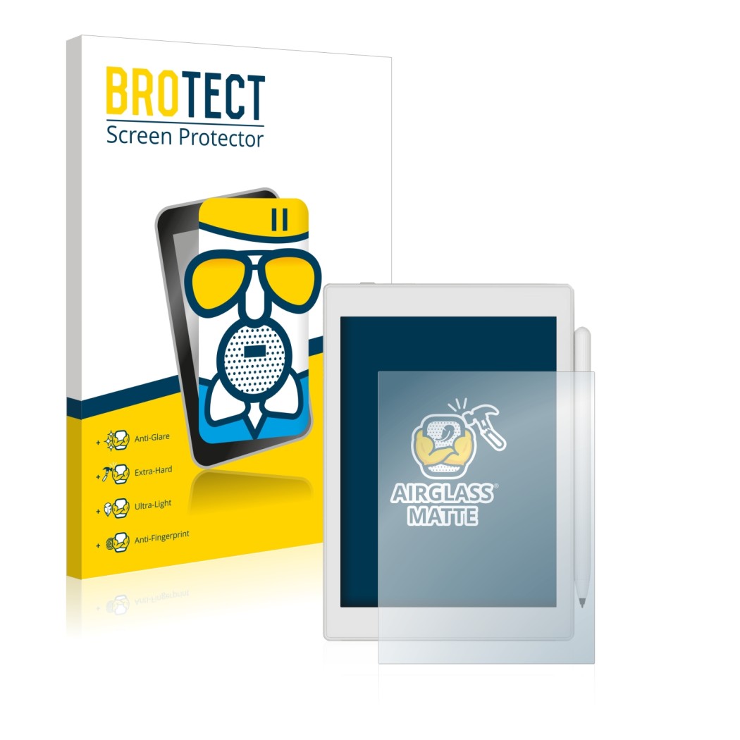 Parte frontale di una confezione del prodotto con il logo del marchio BROTECT. Accanto è raffigurato il dispositivo Boox Nova 