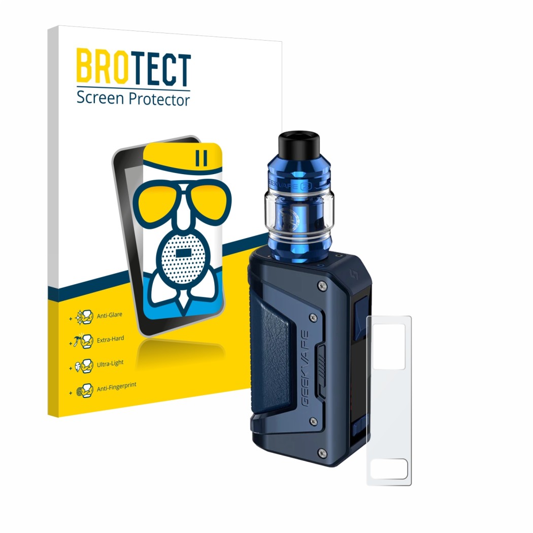 Front side of a product packaging with the brand logo BROTECT. Next to it is the device GeekVape Aegis Legend 2 L200 shown wit
