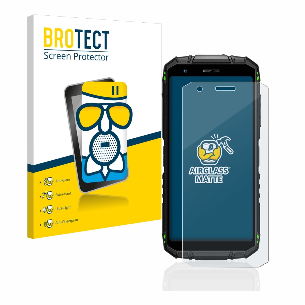 Front side of a product packaging with the brand logo BROTECT. Next to it is the device Doogee S41 Pro shown with the correspo