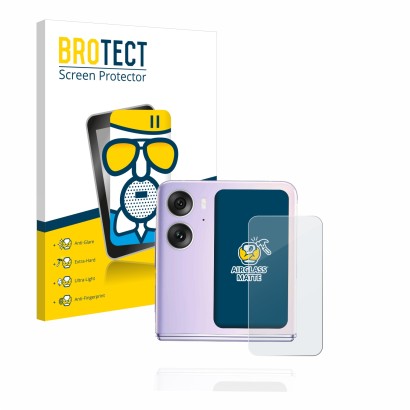 Vorderseite einer Produktverpackung mit dem Markenlogo BROTECT. Daneben ist das Gerät Oppo Find N2 Flip (Hinteres Display) mit