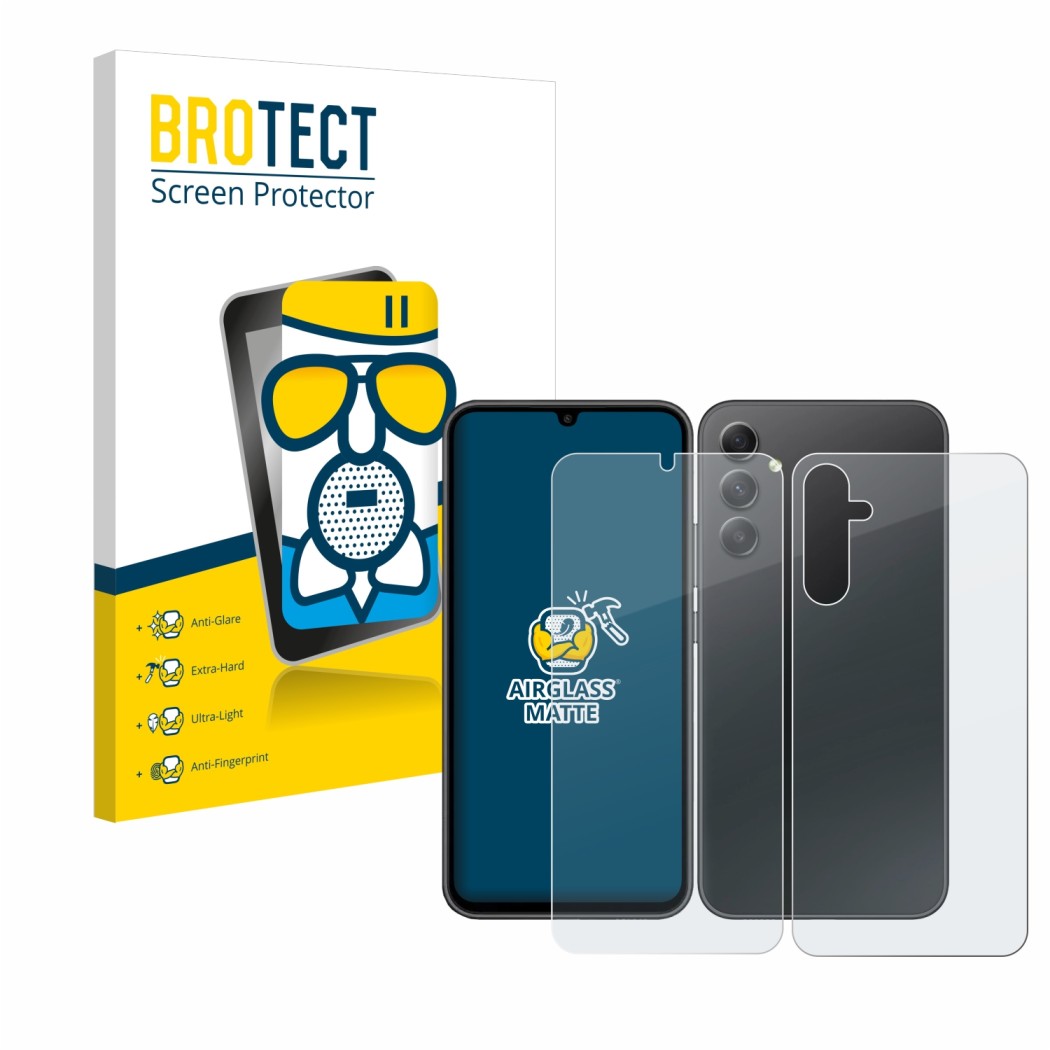 Front side of a product packaging with the brand logo BROTECT. Next to it is the device Samsung Galaxy A34 5G (Front+Back) sho