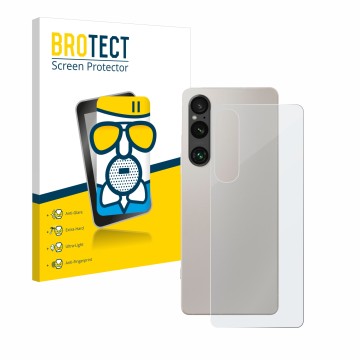 Front side of a product packaging with the brand logo BROTECT. Next to it is the device Sony Xperia 1 V (Back) shown with the 