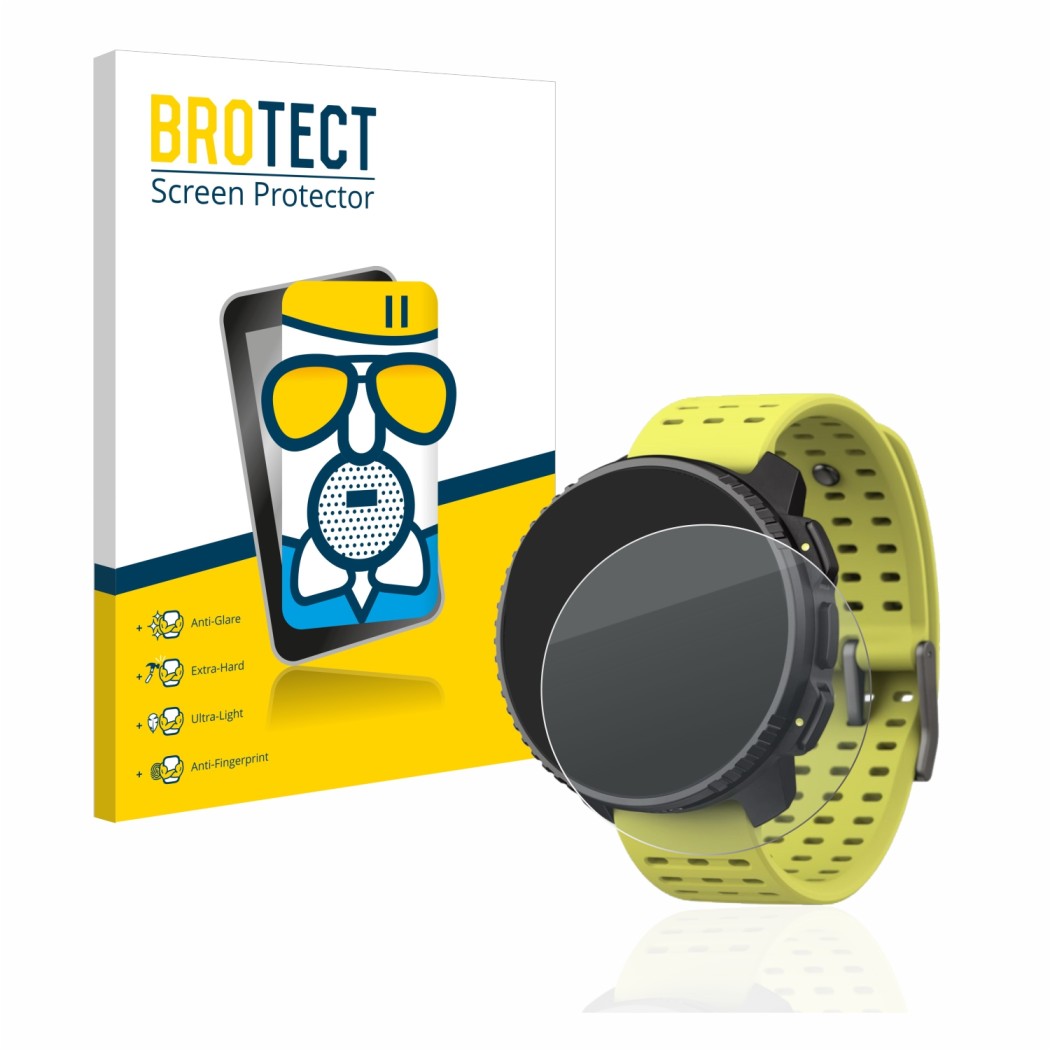 Front side of a product packaging with the brand logo BROTECT. Next to it is the device Suunto Vertical shown with the corresp