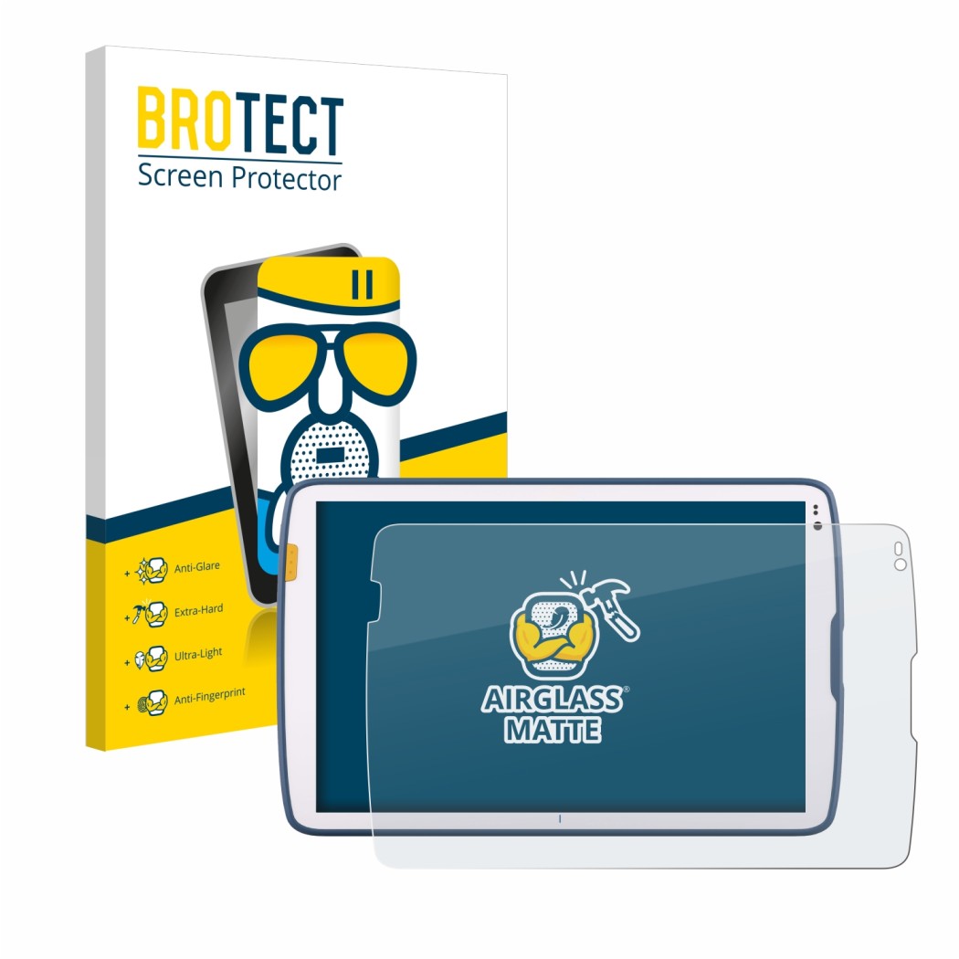 Parte frontal de un envase de producto con el logotipo de la marca BROTECT. Al lado se muestra el dispositivo Zebra ET40 10.1