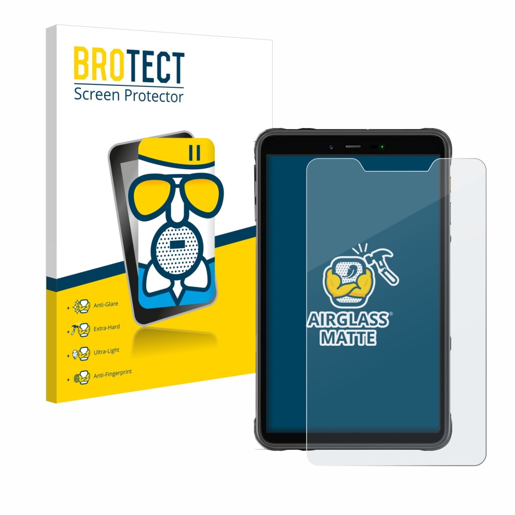 Front side of a product packaging with the brand logo BROTECT. Next to it is the device Ulefone Armor Pad 8 shown with the cor