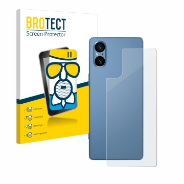 Front side of a product packaging with the brand logo BROTECT. Next to it is the device Sony Xperia 5 V (Back) shown with the 