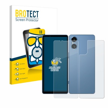 Front side of a product packaging with the brand logo BROTECT. Next to it is the device Sony Xperia 5 V (Front+Back) shown wit