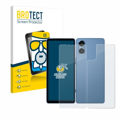 Vorderseite einer Produktverpackung mit dem Markenlogo BROTECT. Daneben ist das Gerät Sony Xperia 5 V (Display+Rückseite) mit 