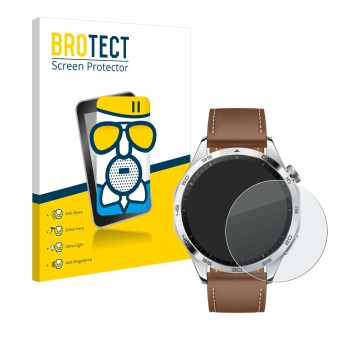 Vorderseite einer Produktverpackung mit dem Markenlogo BROTECT. Daneben ist das Gerät Huawei Watch GT 4 (46mm) mit dem zugehör