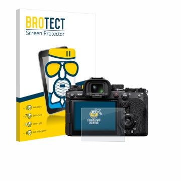 Front side of a product packaging with the brand logo BROTECT. Next to it is the device Sony Alpha 9 III shown with the corres
