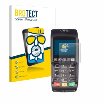 Front side of a product packaging with the brand logo BROTECT. Next to it is the device ingenico Desk/3500 shown with the corr