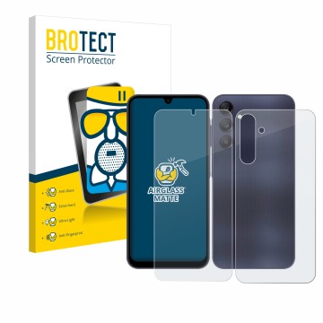 Face avant d’un emballage produit avec le logo de la marque BROTECT. À côté, l’appareil Samsung Galaxy A25 5G (Avant+Arrière) 