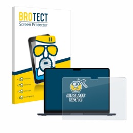 Parte frontal de un envase de producto con el logotipo de la marca BROTECT. Al lado se muestra el dispositivo Apple MacBook Ai