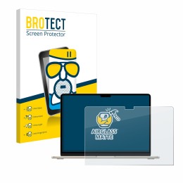 Parte frontal de un envase de producto con el logotipo de la marca BROTECT. Al lado se muestra el dispositivo Apple MacBook Ai